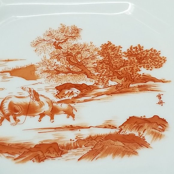 Red & White Octagonal Plate Farmer on Buffalo Signed Art Shafford by Landscape - Picture 5 of 7